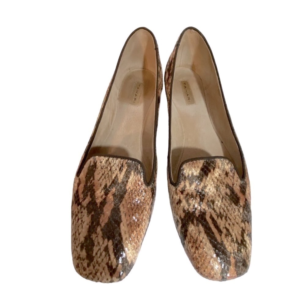 Tahari Clementine Tan and Black Snakeskin Loafer Flats Size 7 1/2